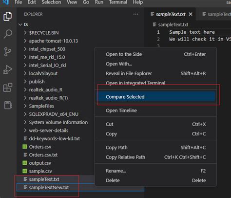 can visual studio code compare two files