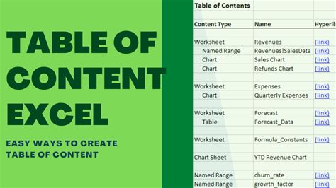 can you create a table of contents in excel