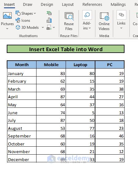 can you insert a table into a text box in excel
