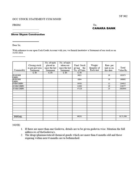 canara bank stock statement format in excel with formula