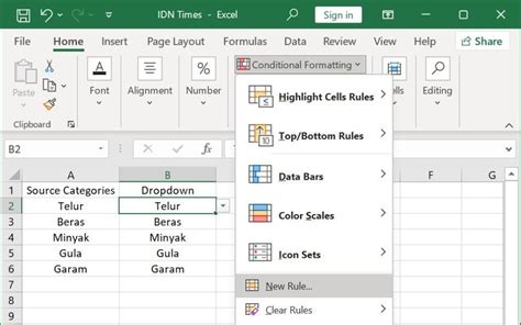 cara buat drop down list berwarna di excel
