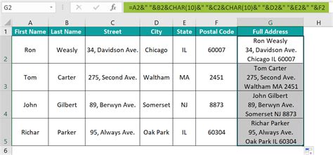 carriage return character in excel formula