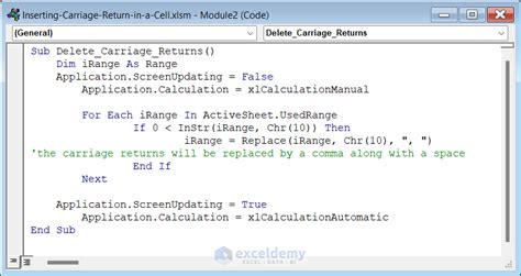 carriage return in excel vba