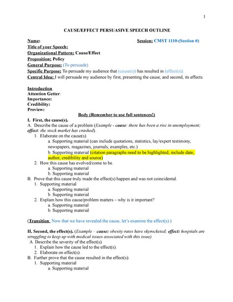 cause and effect speech outline example