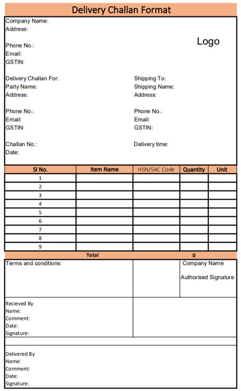 challan in excel format