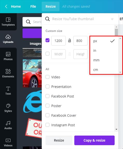 change dimensions in canva