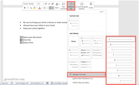 change list level numbering in word