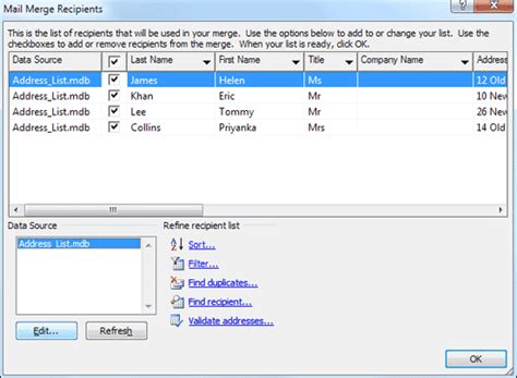 change mail merge source