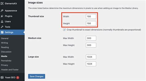 change thumbnail size wordpress