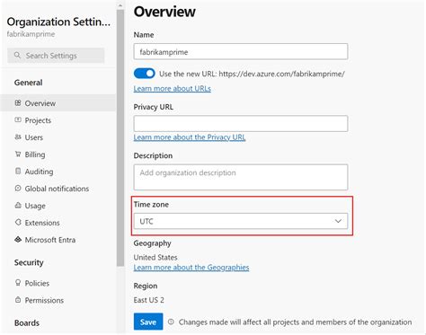 change time zone on azure server
