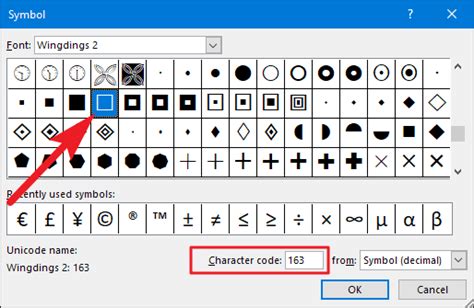 character code for square box in word