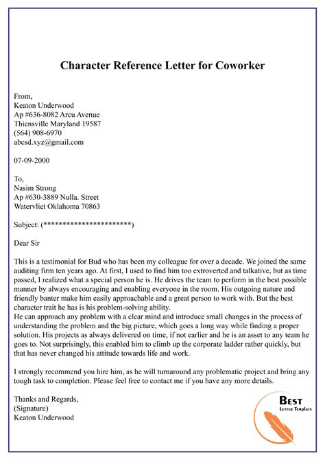 character reference work colleague examples