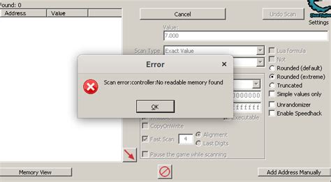 cheat engine scan error no readable memory found