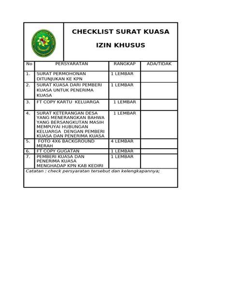 checklist surat izin