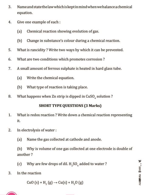 chemical reaction and equation class 10 notes exercise