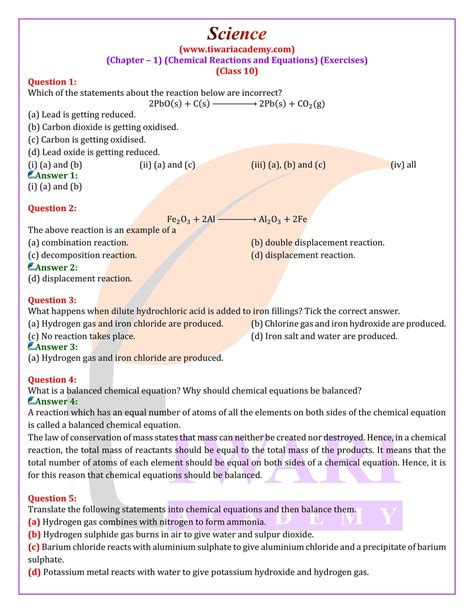 chemical reaction and equation class 10 questions and answers pdf