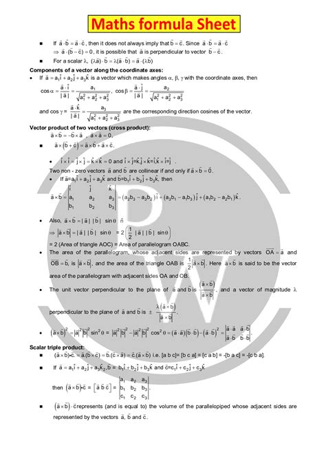 class 12th vector formula sheet
