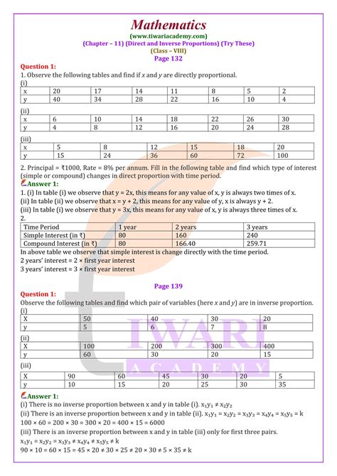 class 8 maths chapter 11 direct and inverse proportion formulas
