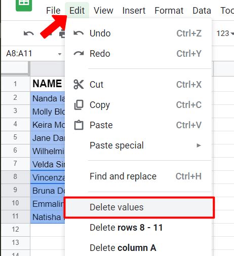 clear cell data google sheets