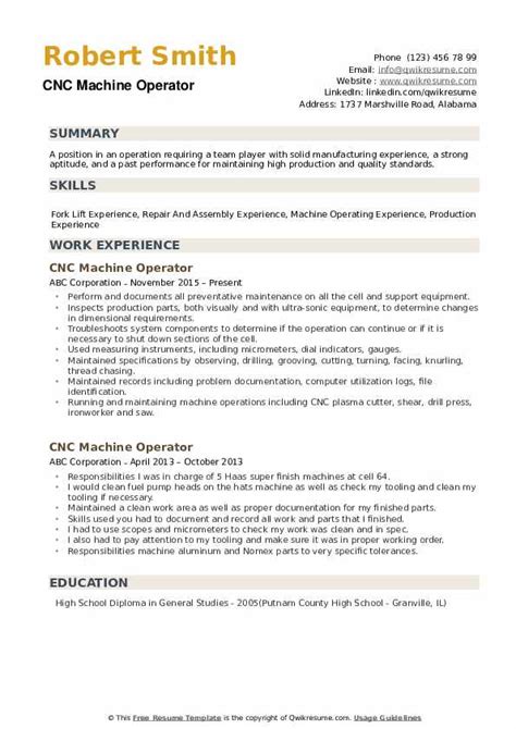 cnc machine operator resume examples