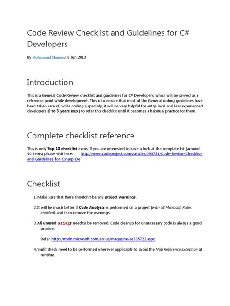 code review checklist c#