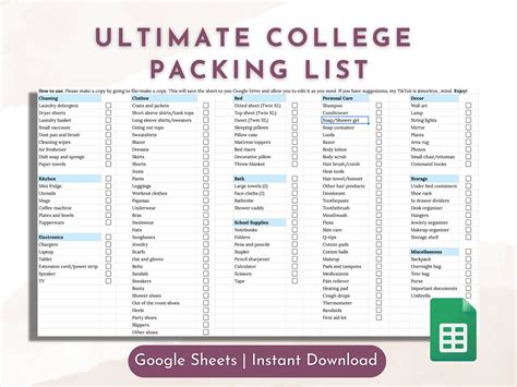 college packing list template google sheets