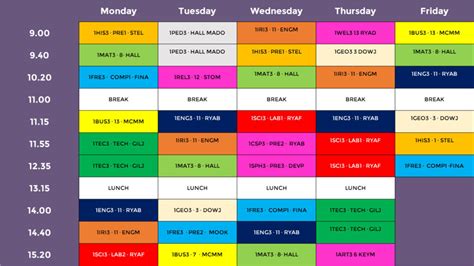 color coded time table
