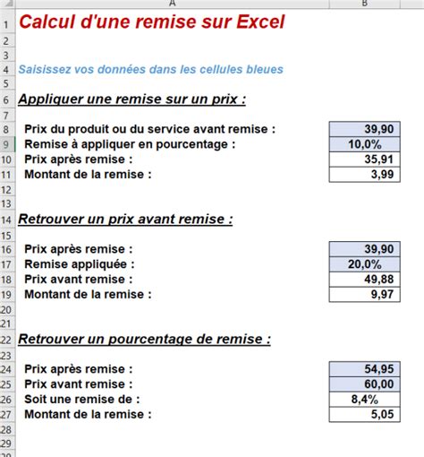 comment calculer la remise dans excel