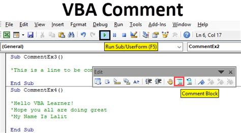 comment code in vba excel