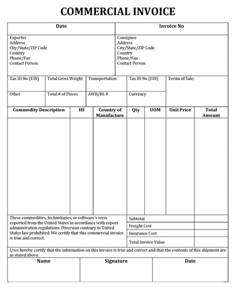 commercial invoice example word