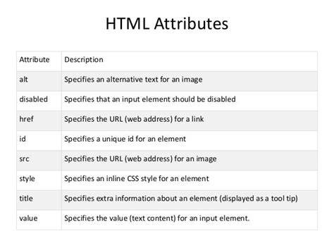 common html tags and attributes