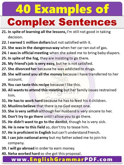 complex sentence examples list