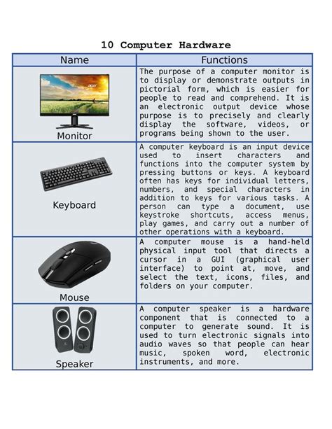 computer hardware components and their functions with examples
