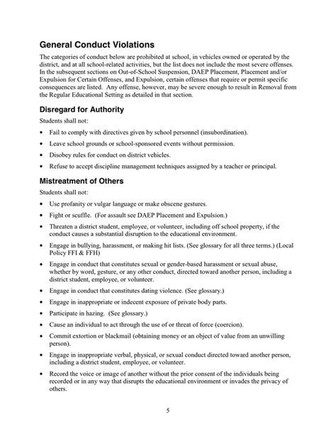 conduct examples for students pdf