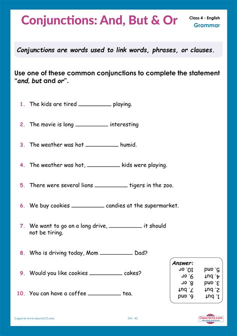 conjunction examples sentences with answers for class 4
