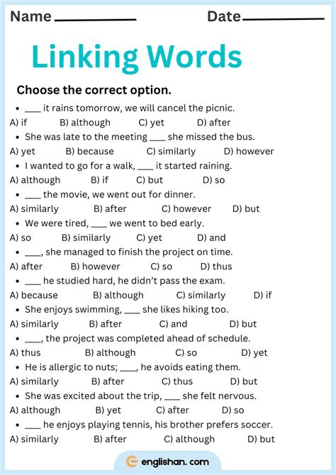 connecting words worksheet with answers