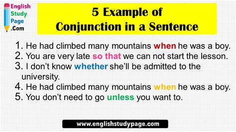 construct 5 sentences using conjunction