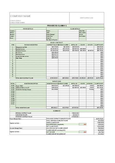 construction progress claim template excel