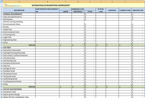 construction project cost estimate template excel
