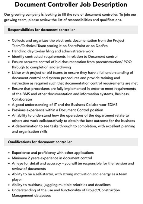 construction project document controller job description