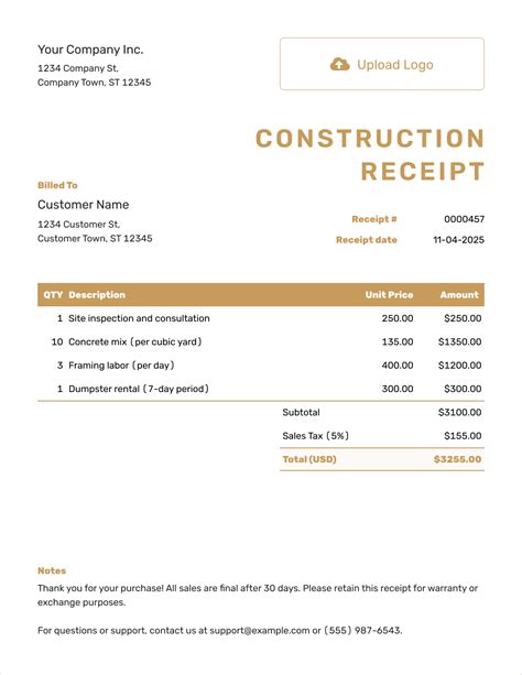 Construction Receipt Template
