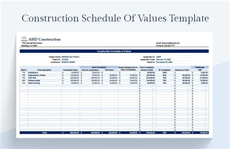 construction schedule of values excel template