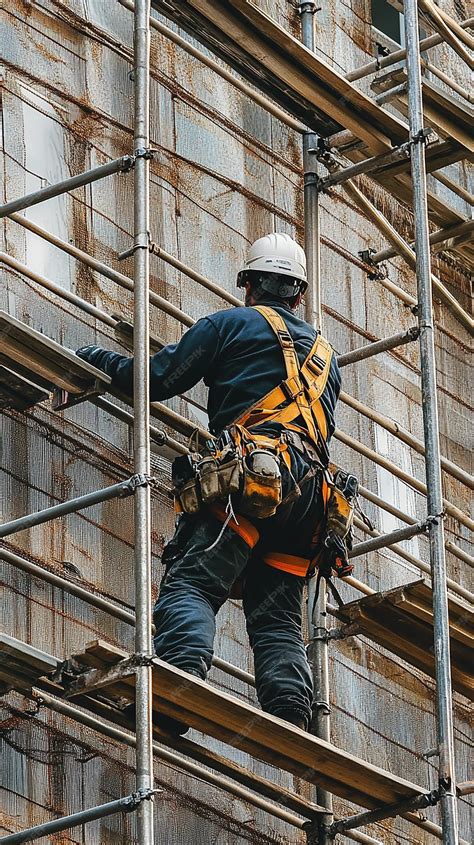A construction worker assembling scaffolding