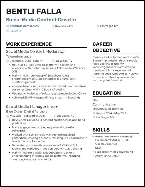 content creator cv example