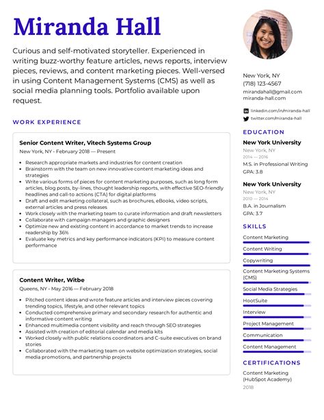 content writer profile summary examples