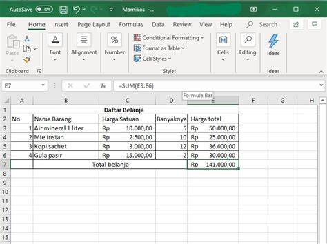 contoh formula di cell excel