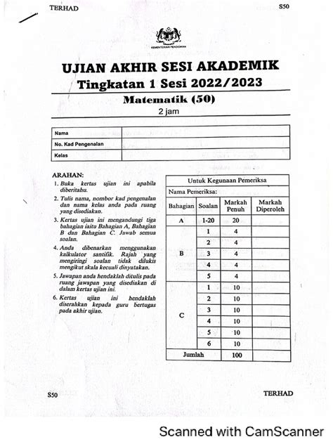 contoh soalan uasa tingkatan 1 matematik pdf