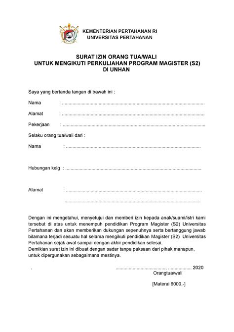 contoh surat izin orang tua universitas pertahanan