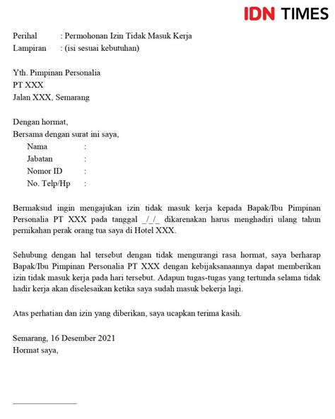 contoh surat izin tidak masuk kerja karena ada kepentingan pribadi
