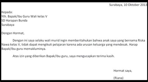 contoh surat izin tidak masuk sekolah simple dan singkat
